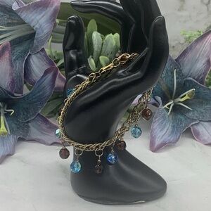 💎 Turquoise Blue & Brown Glass Crystals Dangle Charm Bracelet Gold Chain